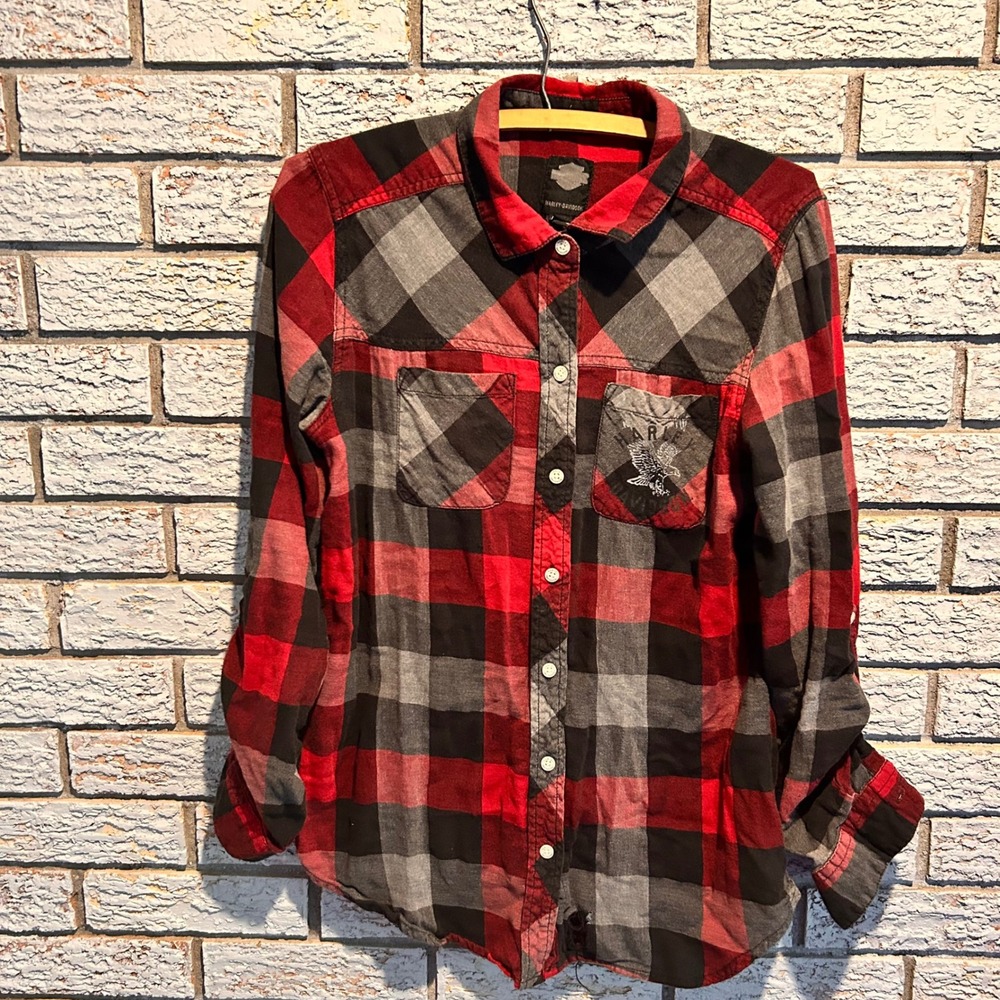 Harley-Davidson Womens Red Black Plaid Flannel Button Down Shirt M Distressed
